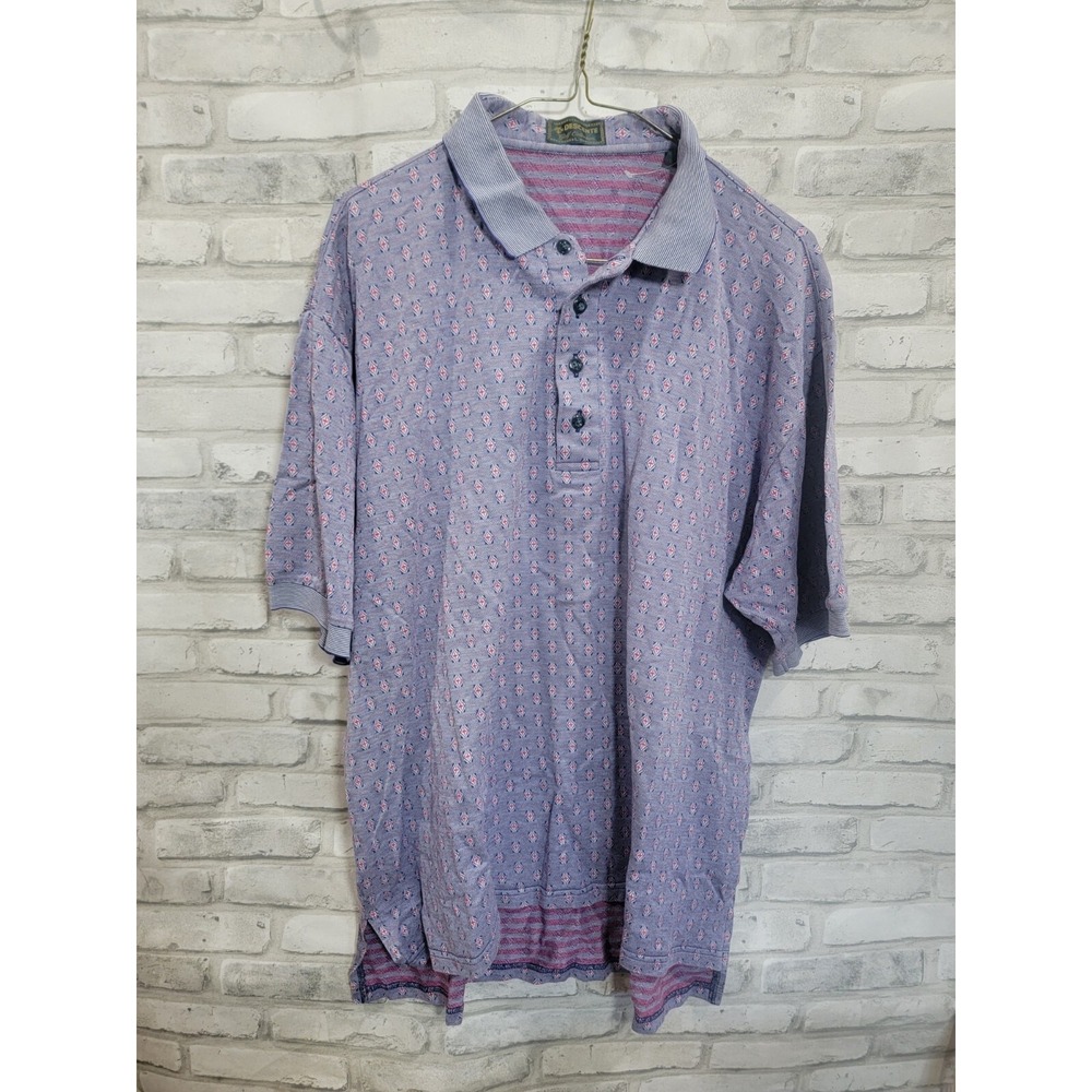 DESCENTE Golf Collection Mens Polo Blue Red Geormetric L Polo Button Down